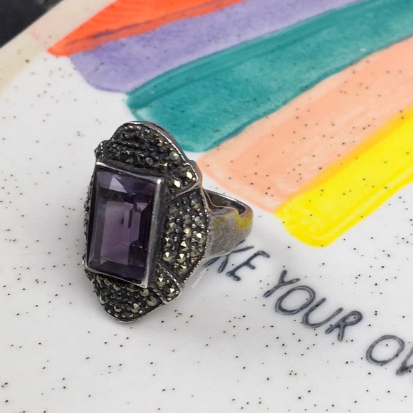 Vtg Sterling Silver Fine Marcasite Amethyst Ring ~ Vintage Cocktail Statement - Picture 2 of 14
